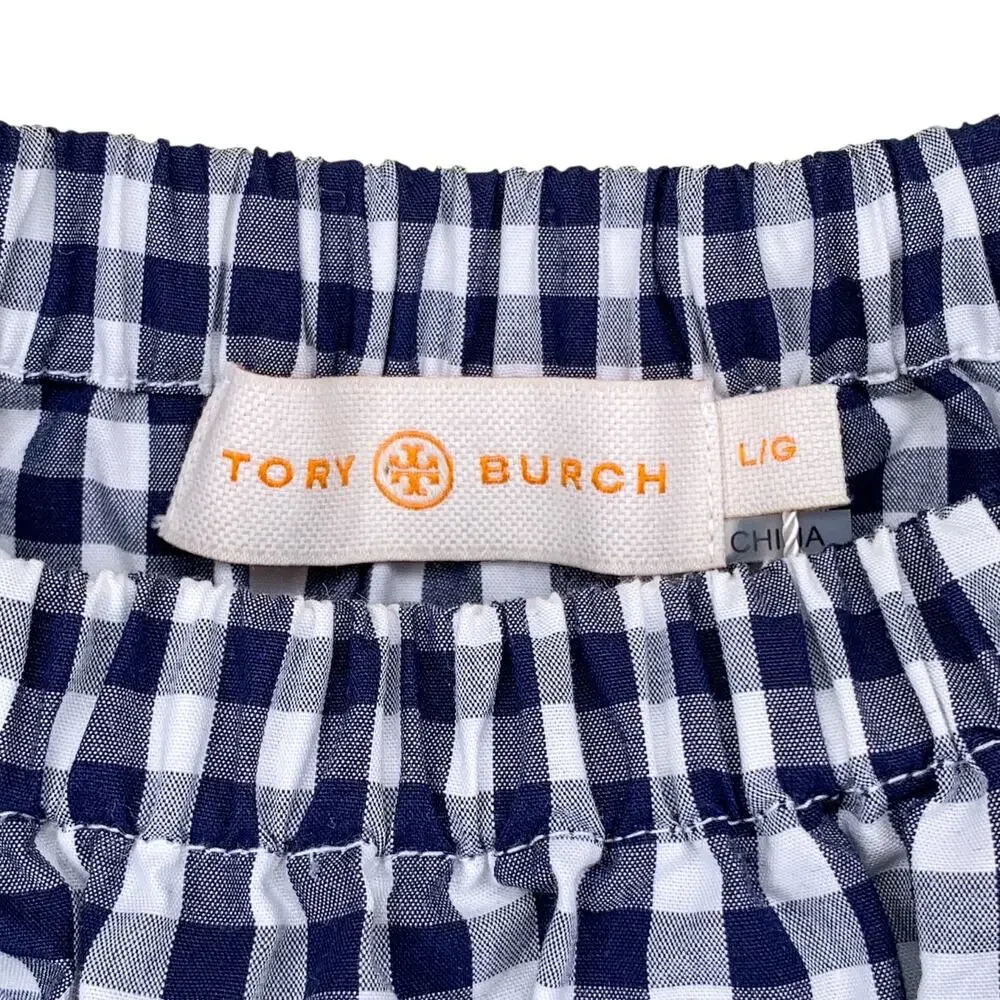 Tory Burch Navy White Gingham Tie Strap Cotton Romper NWT L